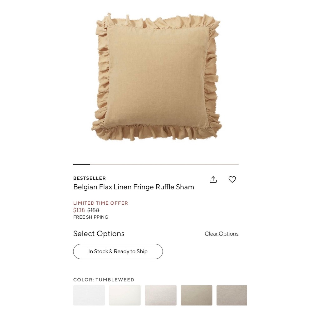 Pottery Barn Belgian Flax Linen Fringe Ruffle Euro Sham Tumbleweed Tan 26x26
